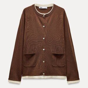 NWT Zara Contrast Trim Knit Cardigan Sweater Brown Long Sleeve Size Medium